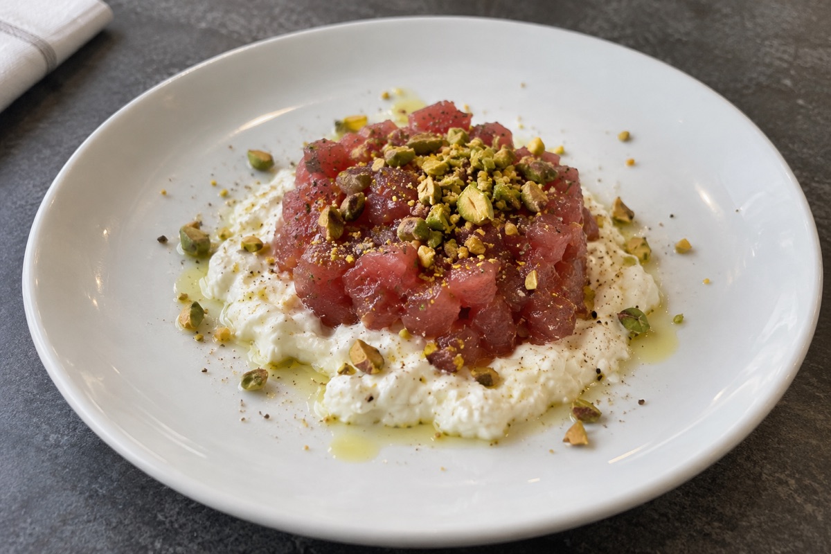 tartare di tonno con stracciatella e pistacchio
